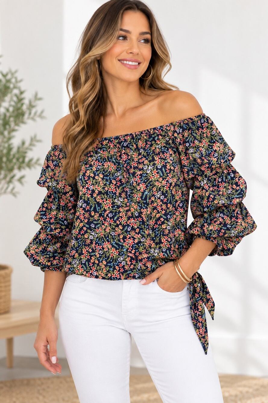 CeCe Women’s L Navy Floral Off Shoulder Blouse Ruffle Sleeve Side Tie Boho